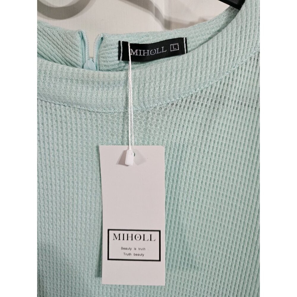 MIHOLL Womens Large Mint Green Waffle Knit Lace Sleeve Blouse Top Luxury Preppy - Picture 4 of 6